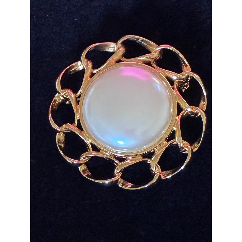 Vintage Marvella Large Faux Pearl Gold Tone Swirl Brooch Signed